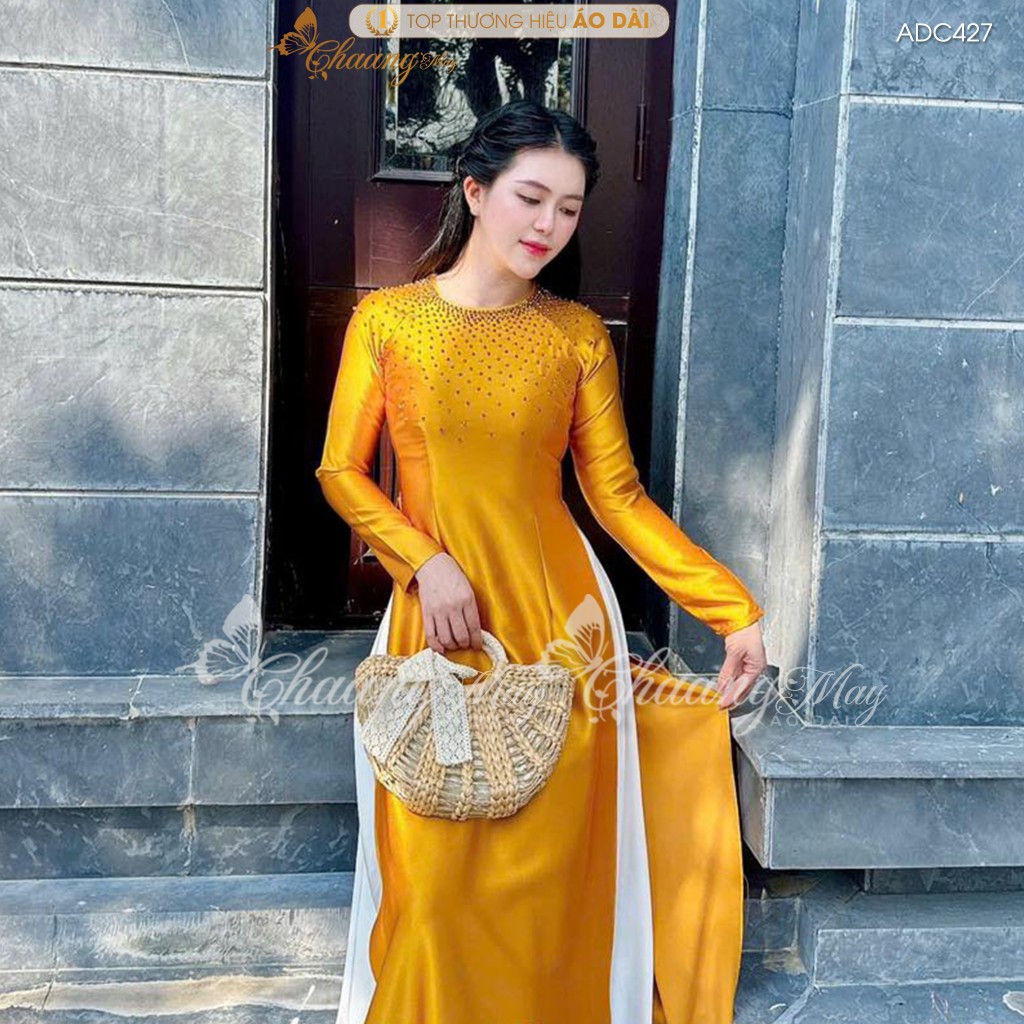 Áo dài truyền thống lụa bóng Ruby Bảo Ngọc may sẵn ADC427 áo dài cổ tròn xanh đỏ tủa pha lê dự tiệc cưới lễ Tết đẹp