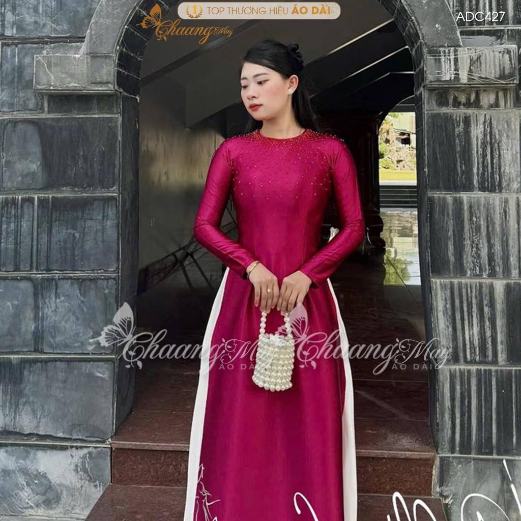 Áo dài truyền thống lụa bóng Ruby Bảo Ngọc may sẵn ADC427 áo dài cổ tròn xanh đỏ tủa pha lê dự tiệc cưới lễ Tết đẹp