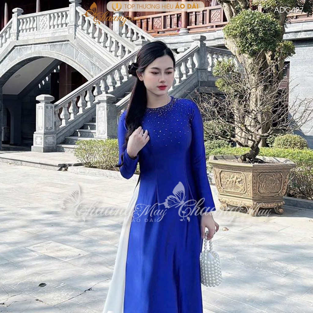 Áo dài truyền thống lụa bóng Ruby Bảo Ngọc may sẵn ADC427 áo dài cổ tròn xanh đỏ tủa pha lê dự tiệc cưới lễ Tết đẹp