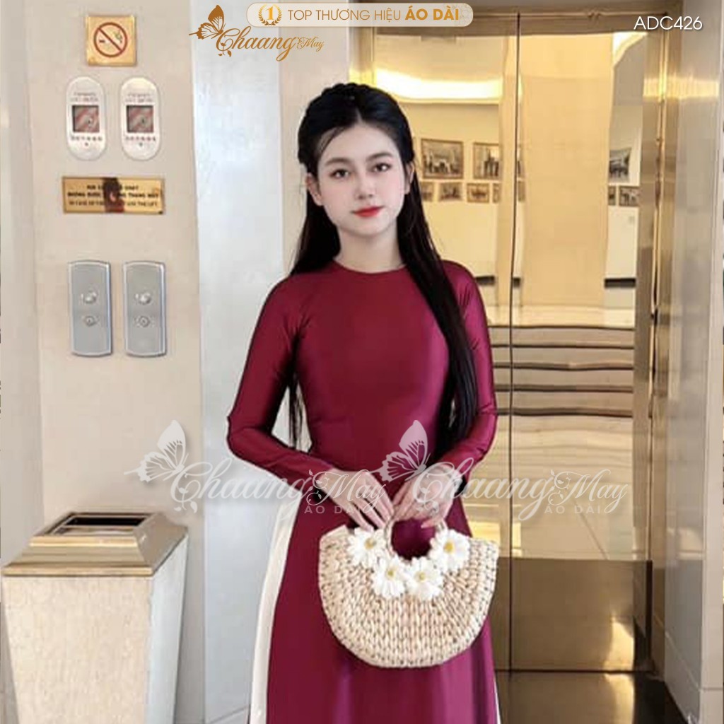 Áo dài truyền thống lụa bóng Ruby Bảo Ngọc may sẵn ADC427 áo dài cổ tròn xanh đỏ tủa pha lê dự tiệc cưới lễ Tết đẹp