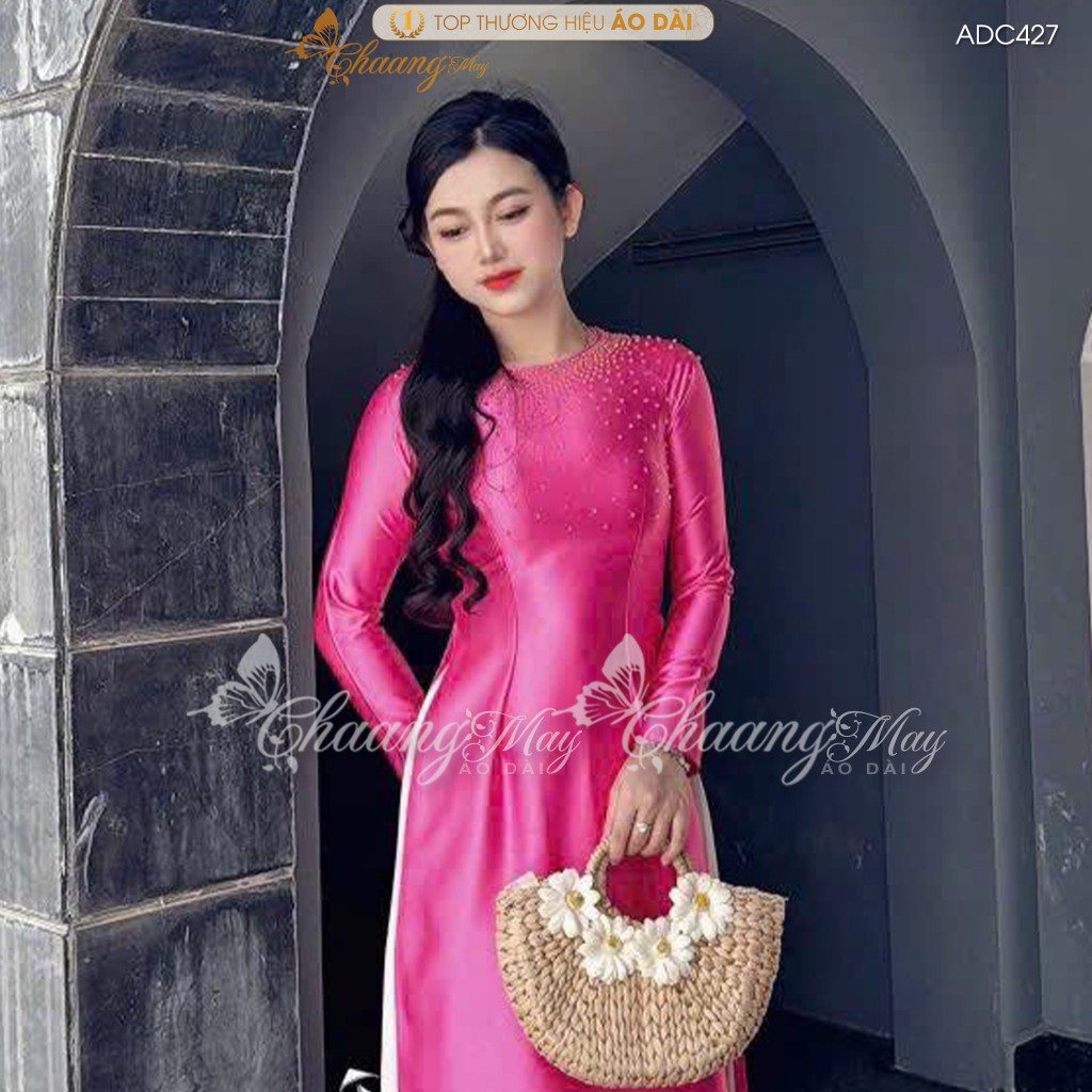 Áo dài truyền thống lụa bóng Ruby Bảo Ngọc may sẵn ADC427 áo dài cổ tròn xanh đỏ tủa pha lê dự tiệc cưới lễ Tết đẹp