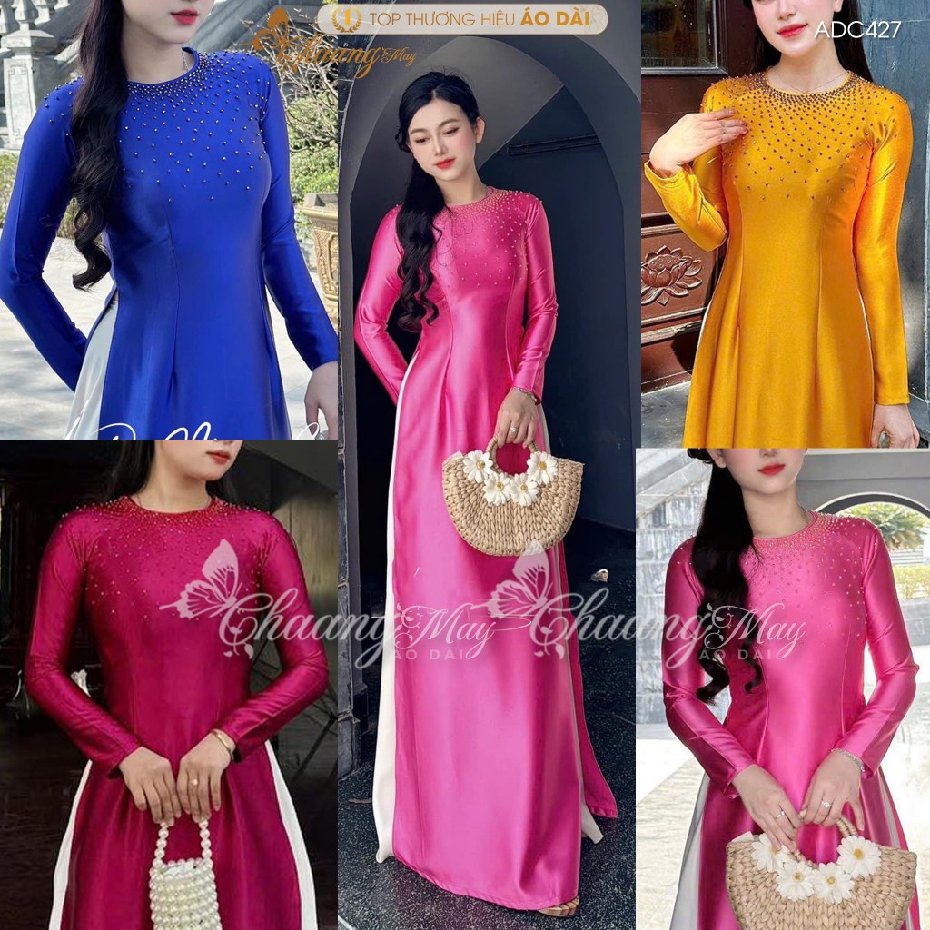 Áo dài truyền thống lụa bóng Ruby Bảo Ngọc may sẵn ADC427 áo dài cổ tròn xanh đỏ tủa pha lê dự tiệc cưới lễ Tết đẹp