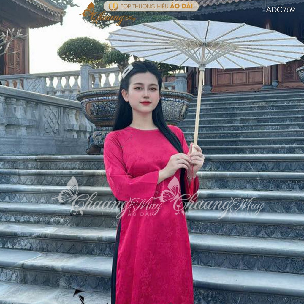 Áo dài cách tân nữ Thanh Trúc dáng suông CHAANG may sẵn ADC759 gấm hỷ lá xanh cốm đỏ xuông bầu dự tiệc cưới lễ tết đẹp