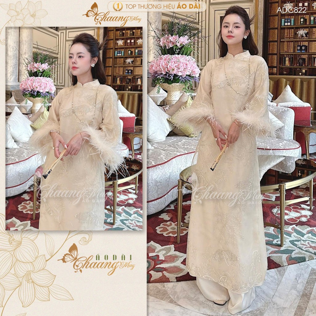 Áo dài cách tân nữ Mỹ Nhân tay lông vũ Chaang may sẵn ADC822 áo dài Tết dự tiệc cưới hỏi sự kiện lễ chùa đẹp