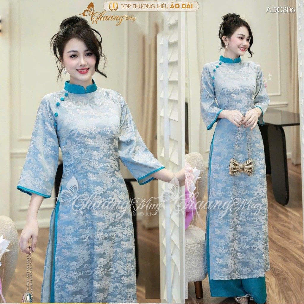 Áo dài cách tân nữ Như Thanh Yên CHAANG May sẵn ADC806 áo dài gấm phối cổ dáng suông xưa dự tiệc cưới lễ tết đẹp