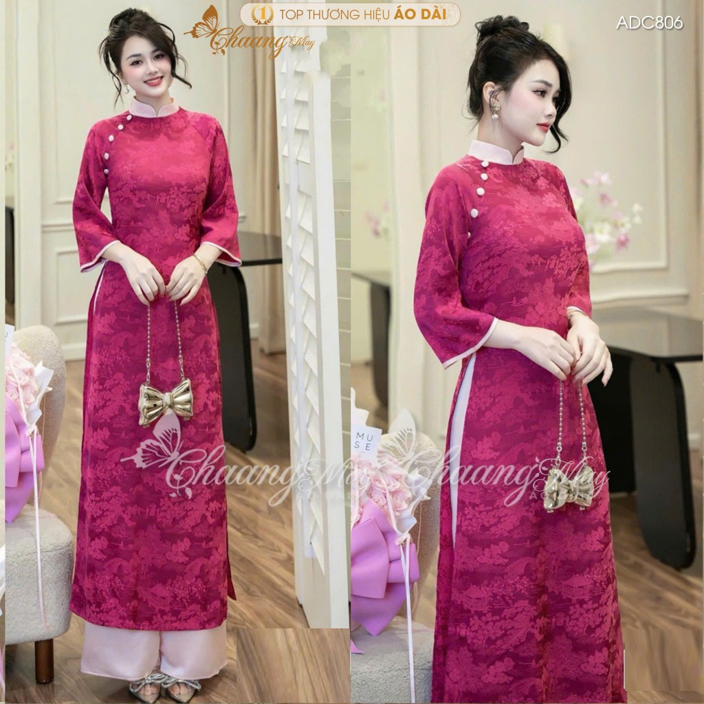 Áo dài cách tân nữ Như Thanh Yên CHAANG May sẵn ADC806 áo dài gấm phối cổ dáng suông xưa dự tiệc cưới lễ tết đẹp