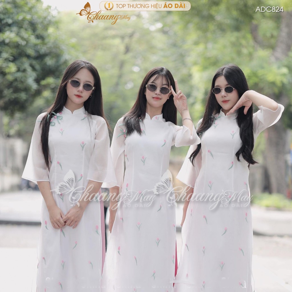 Áo dài cách tân nữ Ý Xuân xinh CHAANG may sẵn ADC824 áo dài lụa thêu hoa Tulip 4 tà dự tiệc cưới lễ Tết đẹp