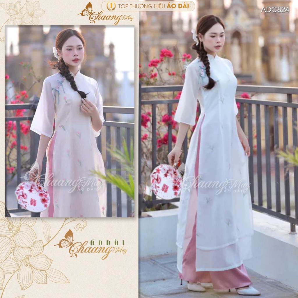 Áo dài cách tân nữ Ý Xuân xinh CHAANG may sẵn ADC824 áo dài lụa thêu hoa Tulip 4 tà dự tiệc cưới lễ Tết đẹp