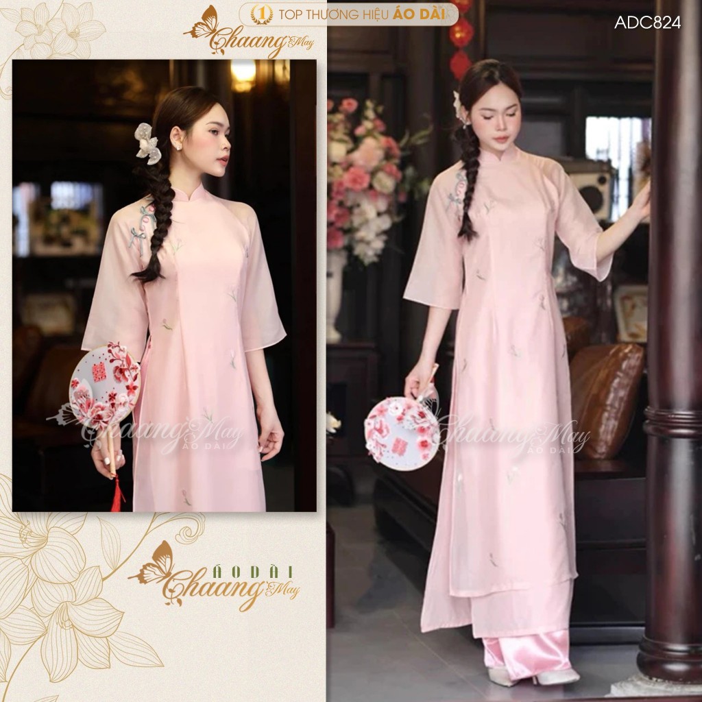 Áo dài cách tân nữ Ý Xuân xinh CHAANG may sẵn ADC824 áo dài lụa thêu hoa Tulip 4 tà dự tiệc cưới lễ Tết đẹp