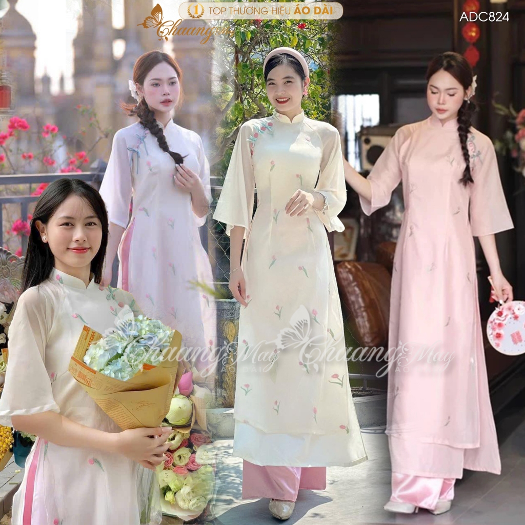 Áo dài cách tân nữ Ý Xuân xinh CHAANG may sẵn ADC824 áo dài lụa thêu hoa Tulip 4 tà dự tiệc cưới lễ Tết đẹp