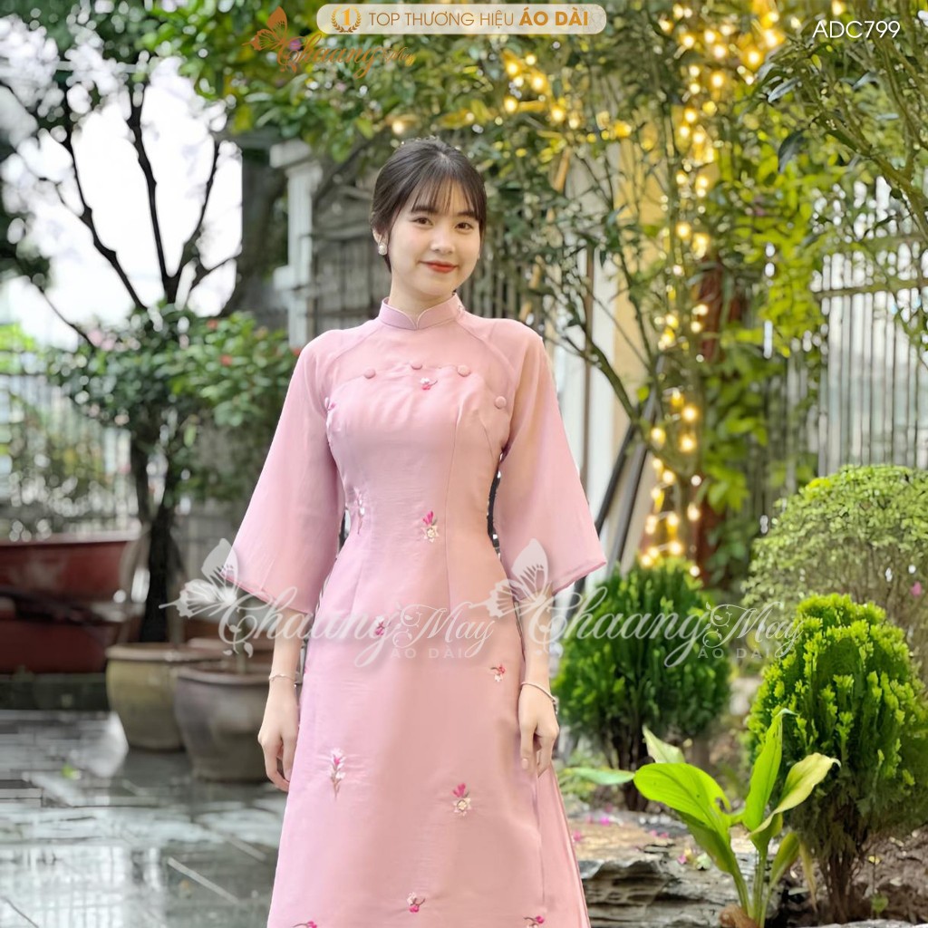 Áo dài cách tân nữ Trúc Liên hồng cao cấp CHAANG may sẵn ADC799 áo dài lụa thêu hoa 4 tà cô giáo dự tiệc cưới lễ tết đẹp