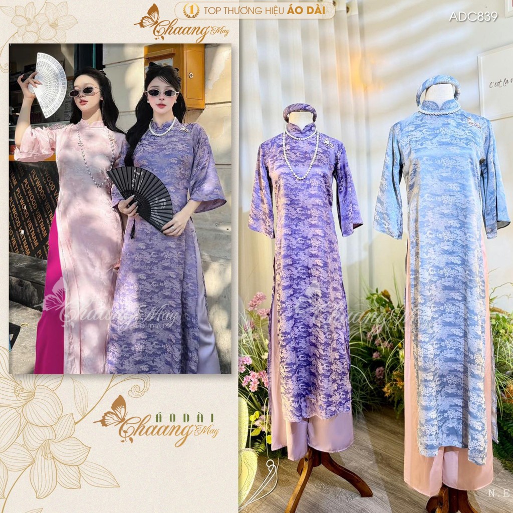 Áo dài cách tân nữ Như Yên dáng suông xưa Chaang may ADC839 sẵn áo dài gấm lụa Hoa Viên Chùa dự tiệc cưới lễ Tết đẹp
