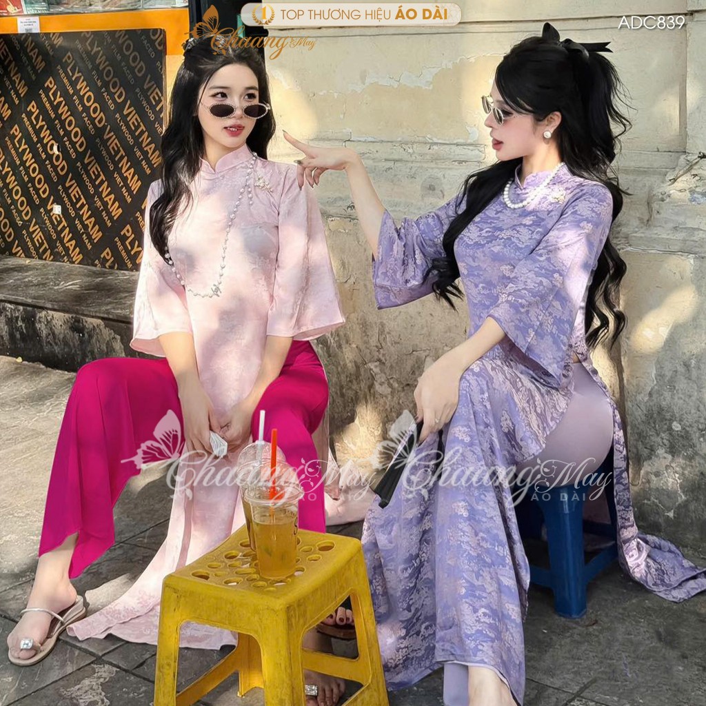 Áo dài cách tân nữ Như Yên dáng suông xưa Chaang may ADC839 sẵn áo dài gấm lụa Hoa Viên Chùa dự tiệc cưới lễ Tết đẹp