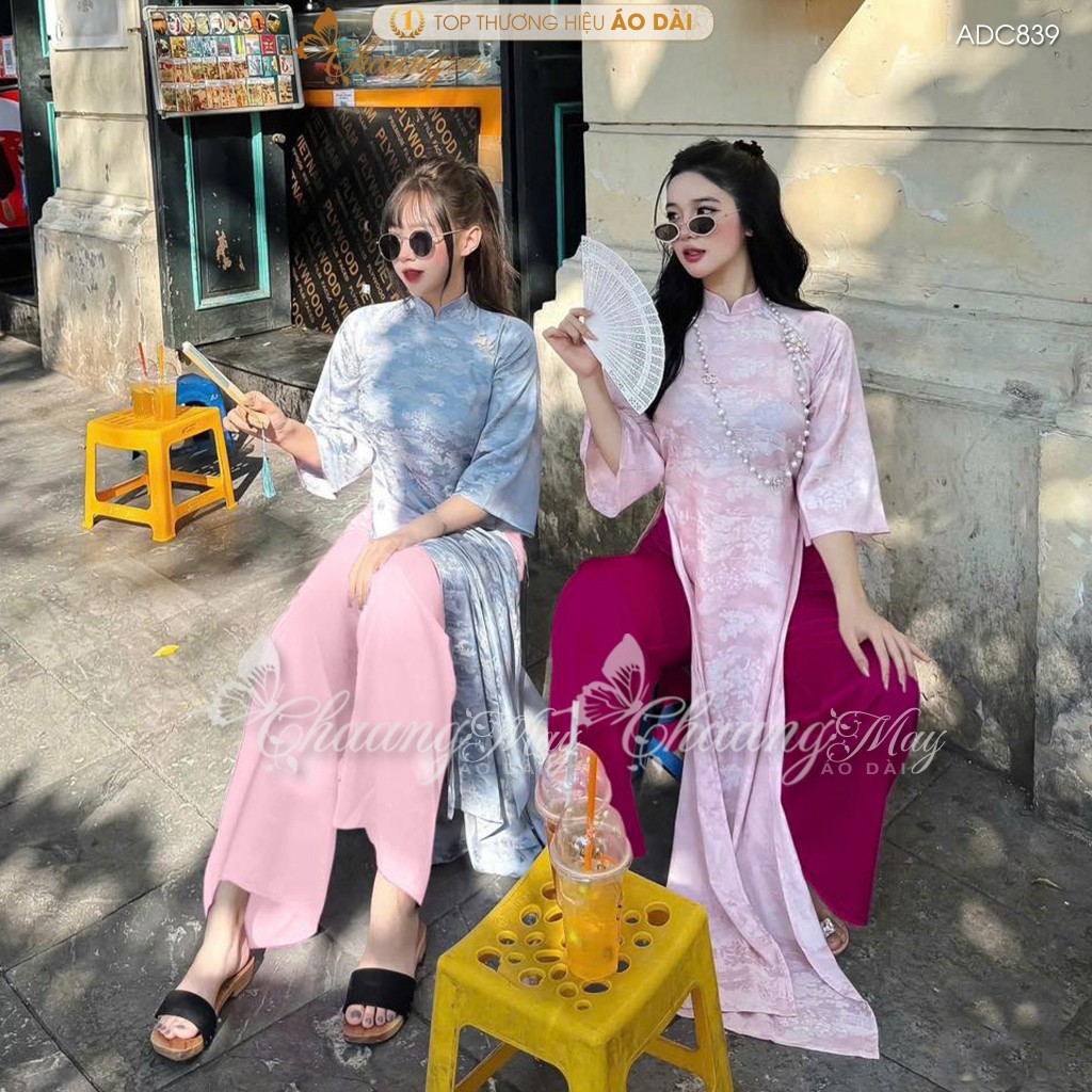 Áo dài cách tân nữ Như Yên dáng suông xưa Chaang may ADC839 sẵn áo dài gấm lụa Hoa Viên Chùa dự tiệc cưới lễ Tết đẹp