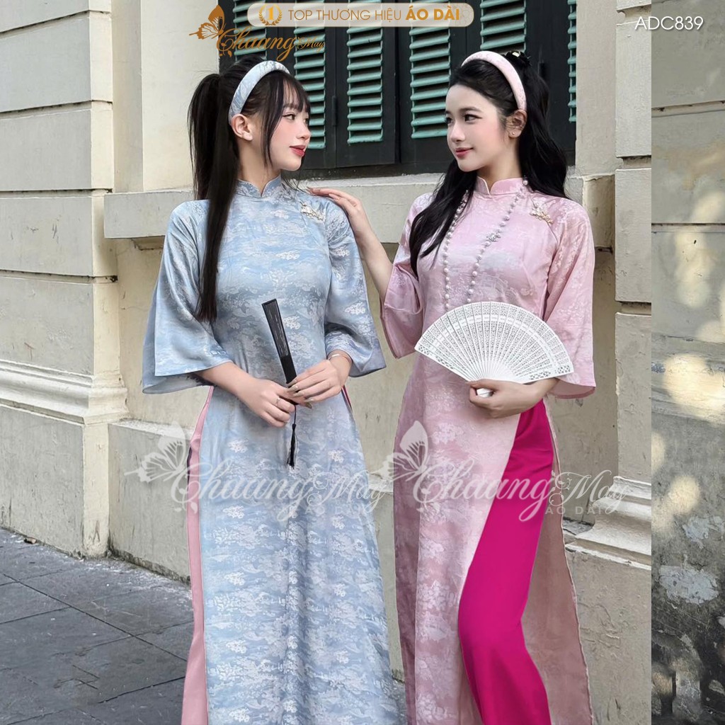 Áo dài cách tân nữ Như Yên dáng suông xưa Chaang may ADC839 sẵn áo dài gấm lụa Hoa Viên Chùa dự tiệc cưới lễ Tết đẹp