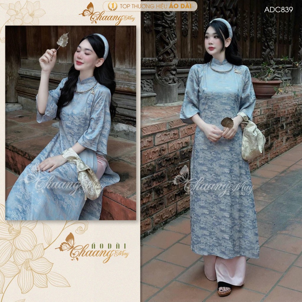 Áo dài cách tân nữ Như Yên dáng suông xưa Chaang may ADC839 sẵn áo dài gấm lụa Hoa Viên Chùa dự tiệc cưới lễ Tết đẹp