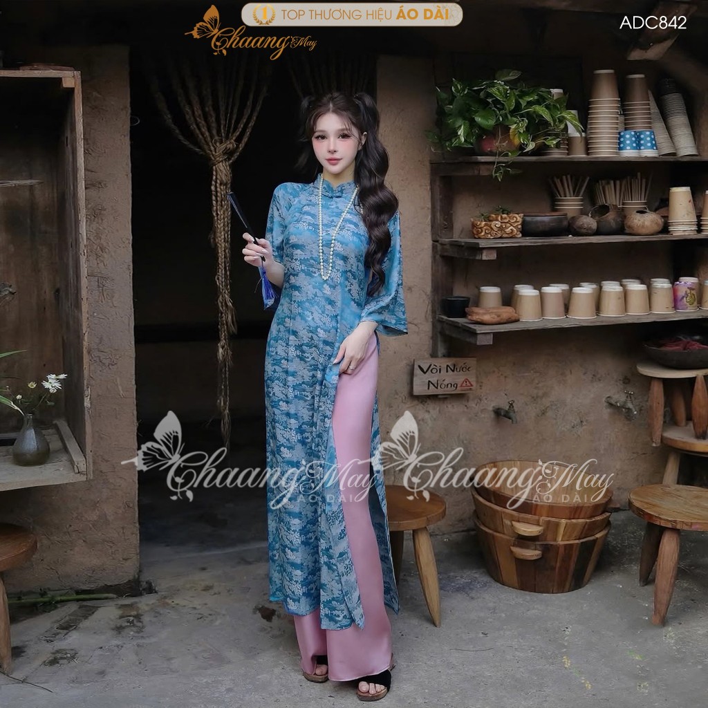 Áo dài cách tân nữ Như Yên dáng suông xưa Chaang may ADC842 sẵn áo dài gấm lụa Hoa Viên Chùa dự tiệc cưới lễ Tết đẹp