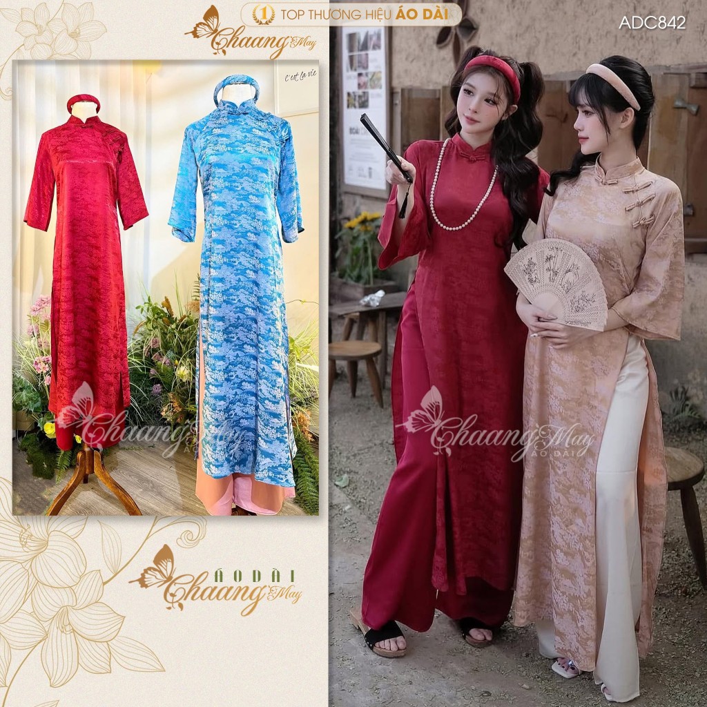 Áo dài cách tân nữ Như Yên dáng suông xưa Chaang may ADC842 sẵn áo dài gấm lụa Hoa Viên Chùa dự tiệc cưới lễ Tết đẹp