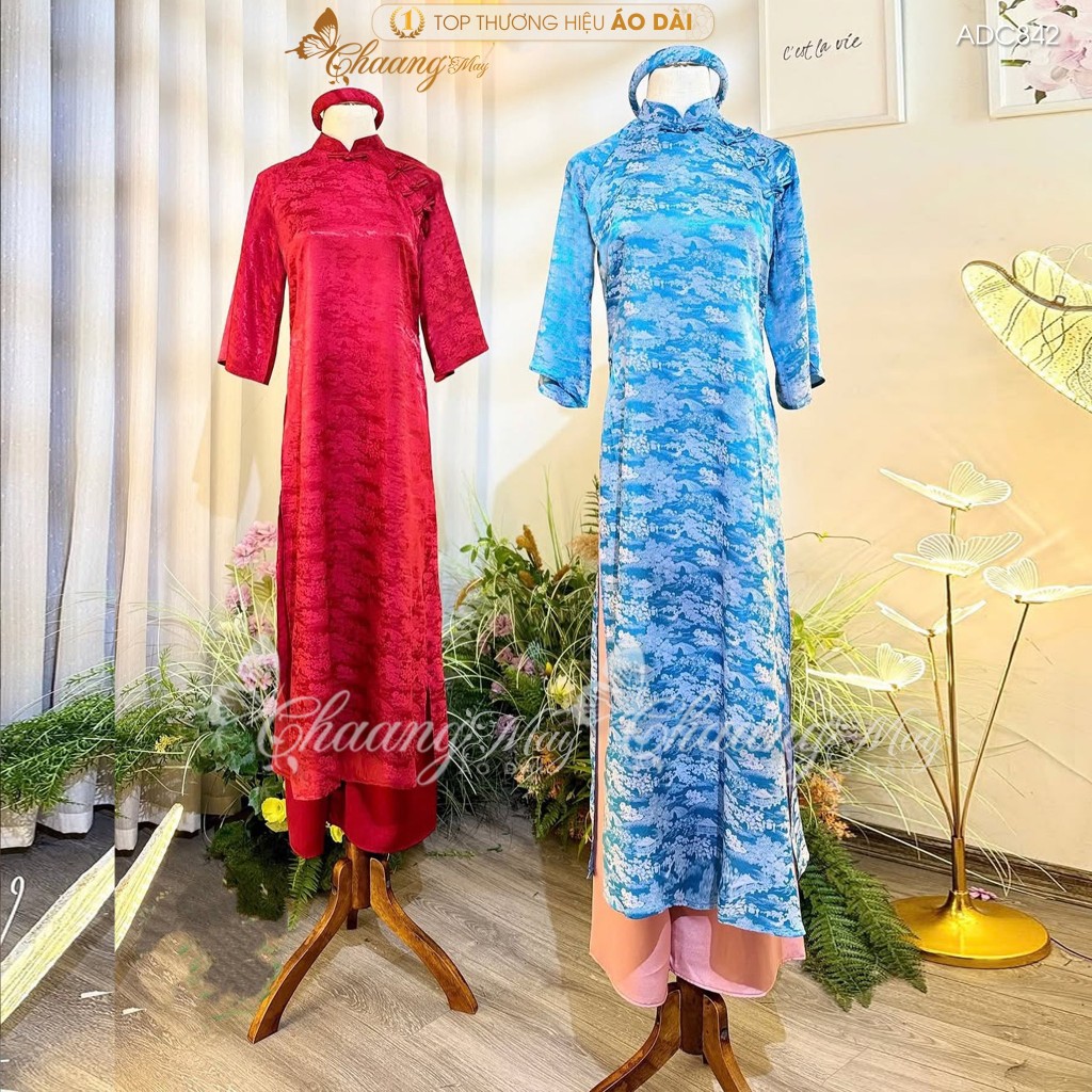 Áo dài cách tân nữ Như Yên dáng suông xưa Chaang may ADC842 sẵn áo dài gấm lụa Hoa Viên Chùa dự tiệc cưới lễ Tết đẹp