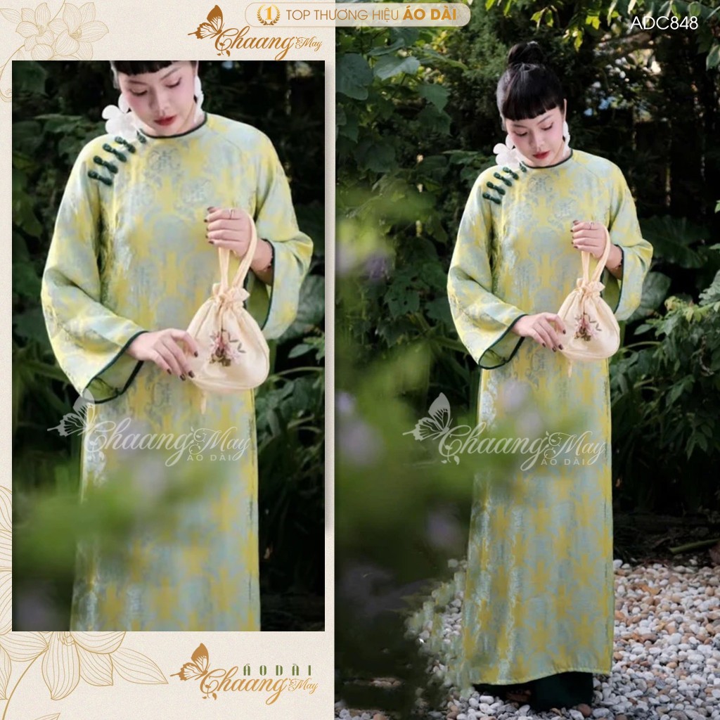 Áo dài cách tân nữ dáng suông gấm thọ dơi Chaang may sẵn ADC848 áo dài xuông xưa cúc phối cổ phục dựtiệc cưới lễ tết đẹp