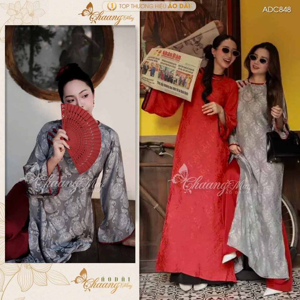 Áo dài cách tân nữ dáng suông gấm thọ dơi Chaang may sẵn ADC848 áo dài xuông xưa cúc phối cổ phục dựtiệc cưới lễ tết đẹp