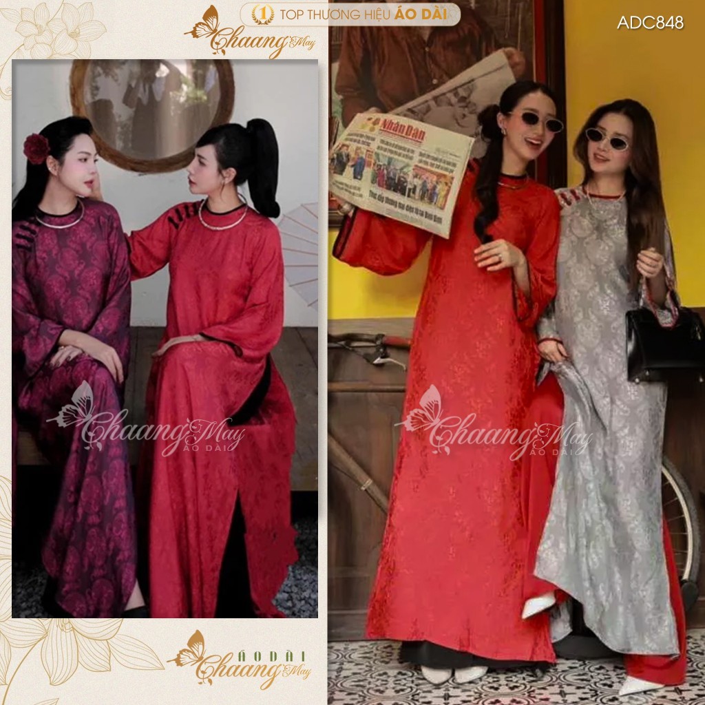 Áo dài cách tân nữ dáng suông gấm thọ dơi Chaang may sẵn ADC848 áo dài xuông xưa cúc phối cổ phục dựtiệc cưới lễ tết đẹp