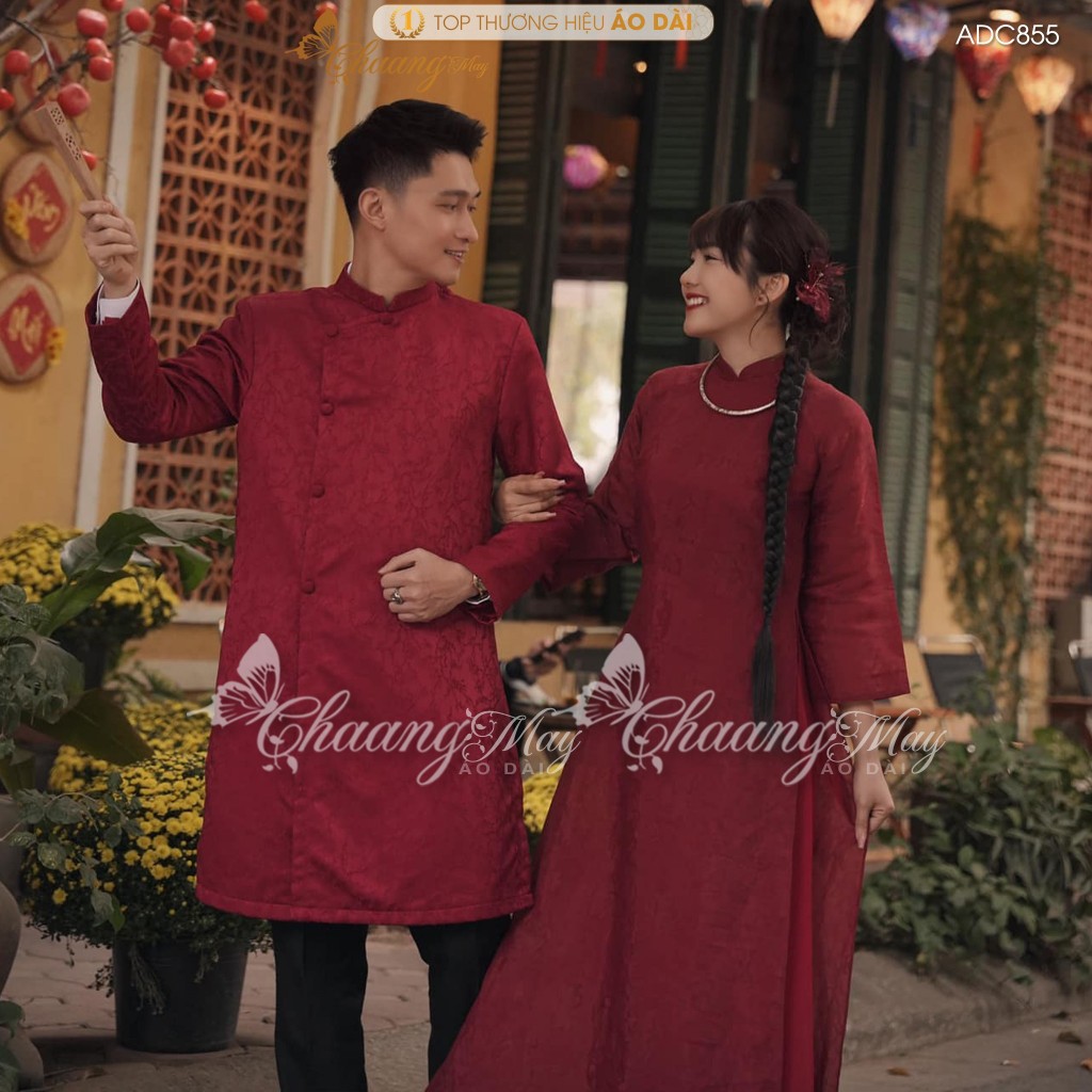 Áo dài cách tân nam nữ Châu Sa cặp đôi cô dâu chú rể CHAANG may sẵn ADC855 áo dài suông dự tiệc cưới đám hỏi lễ Tết đẹp