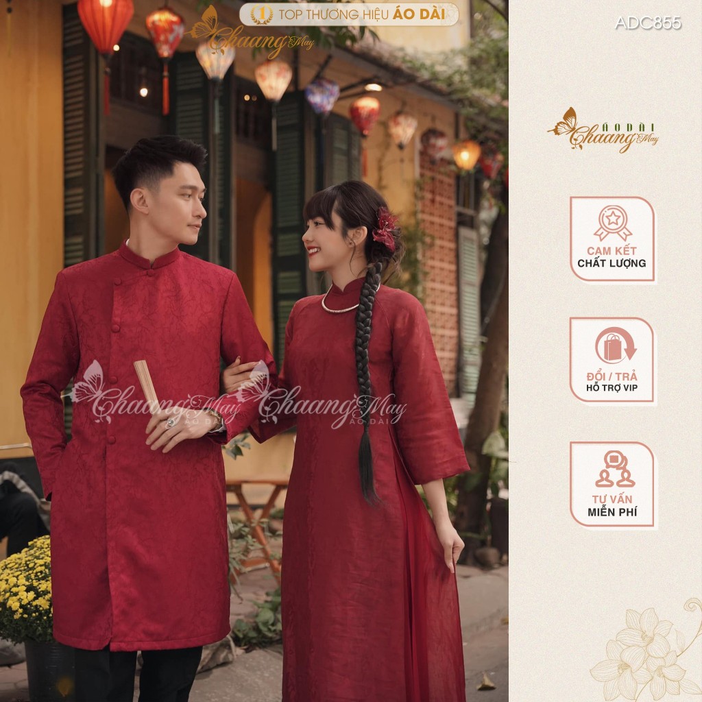Áo dài cách tân nam nữ Châu Sa cặp đôi cô dâu chú rể CHAANG may sẵn ADC855 áo dài suông dự tiệc cưới đám hỏi lễ Tết đẹp