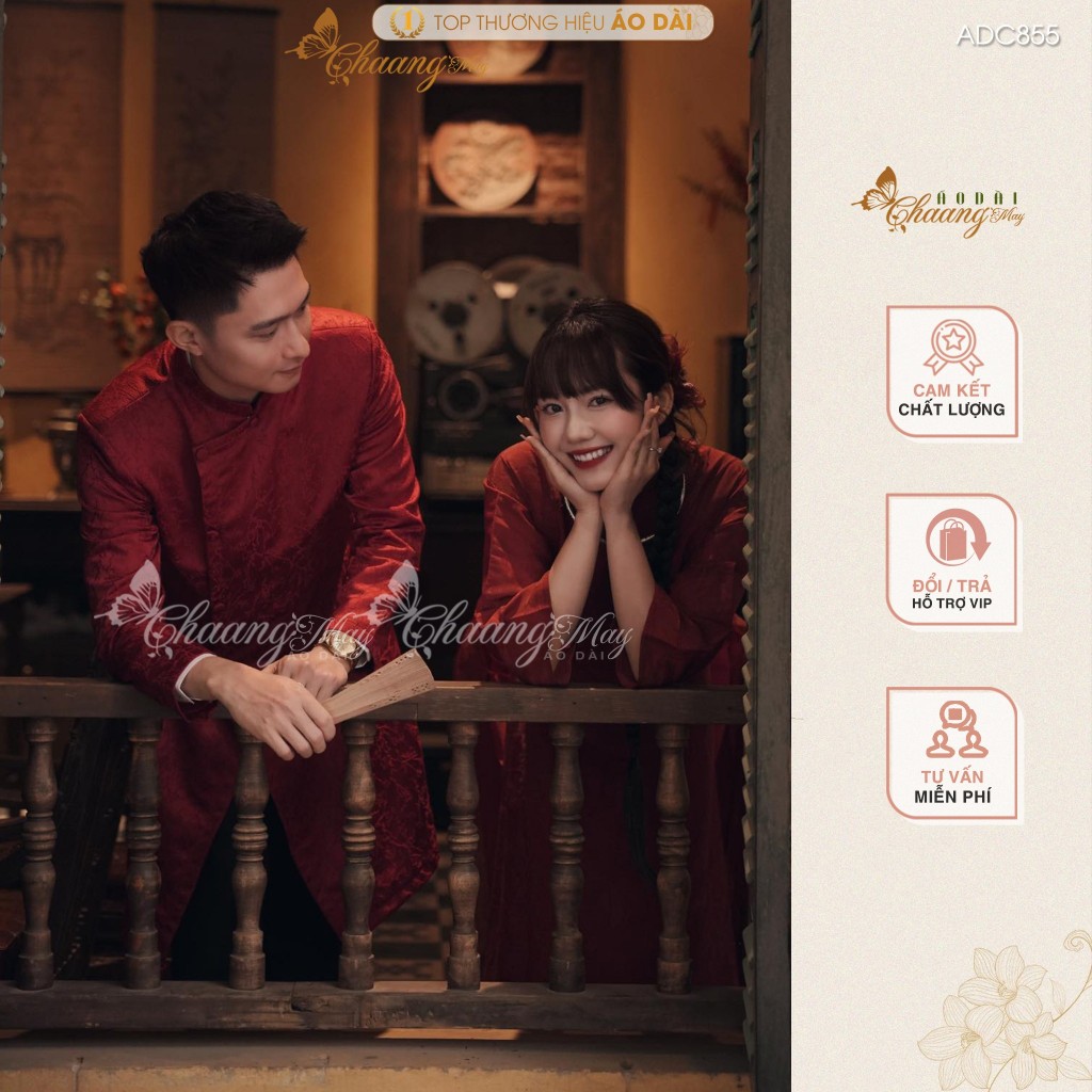 Áo dài cách tân nam nữ Châu Sa cặp đôi cô dâu chú rể CHAANG may sẵn ADC855 áo dài suông dự tiệc cưới đám hỏi lễ Tết đẹp