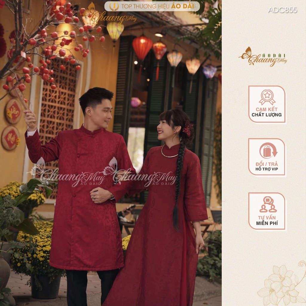 Áo dài cách tân nam nữ Châu Sa cặp đôi cô dâu chú rể CHAANG may sẵn ADC855 áo dài suông dự tiệc cưới đám hỏi lễ Tết đẹp