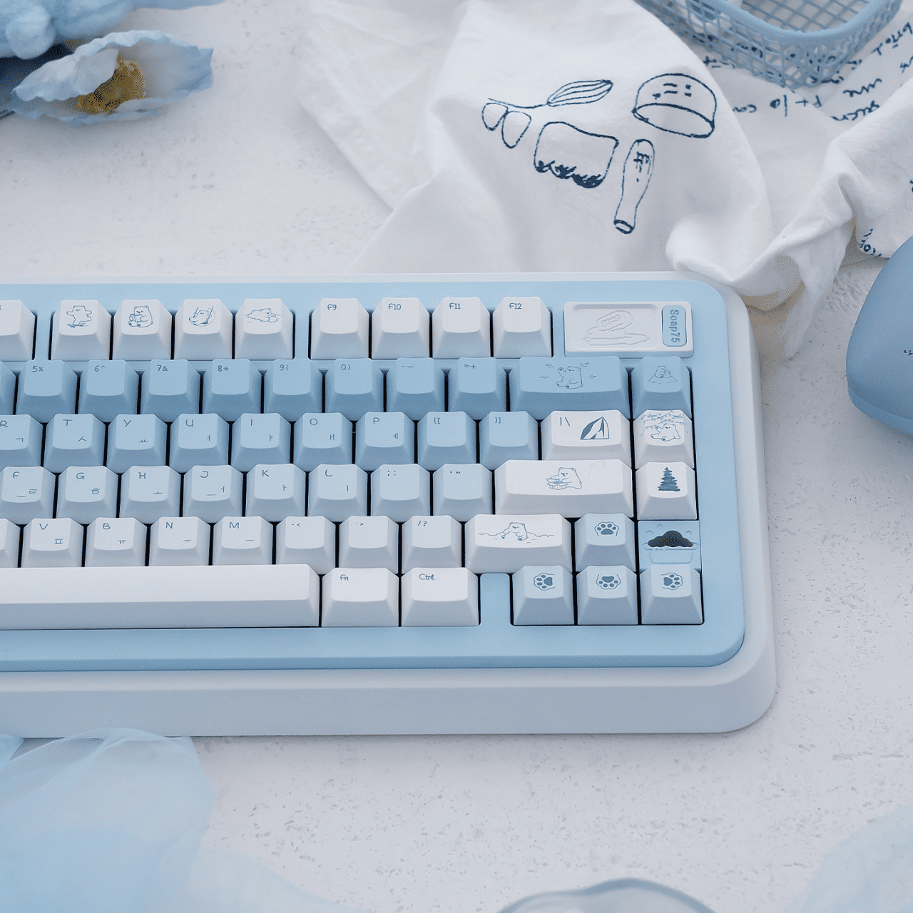 Gradient xanh trắng trên bàn phím lắp keycap Polar Bear