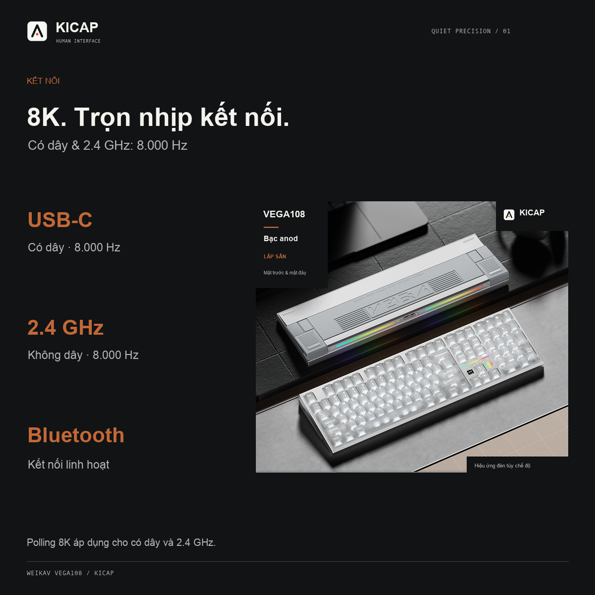 Kết nối USB-C 2.4GHz Bluetooth trên Weikav VEGA108