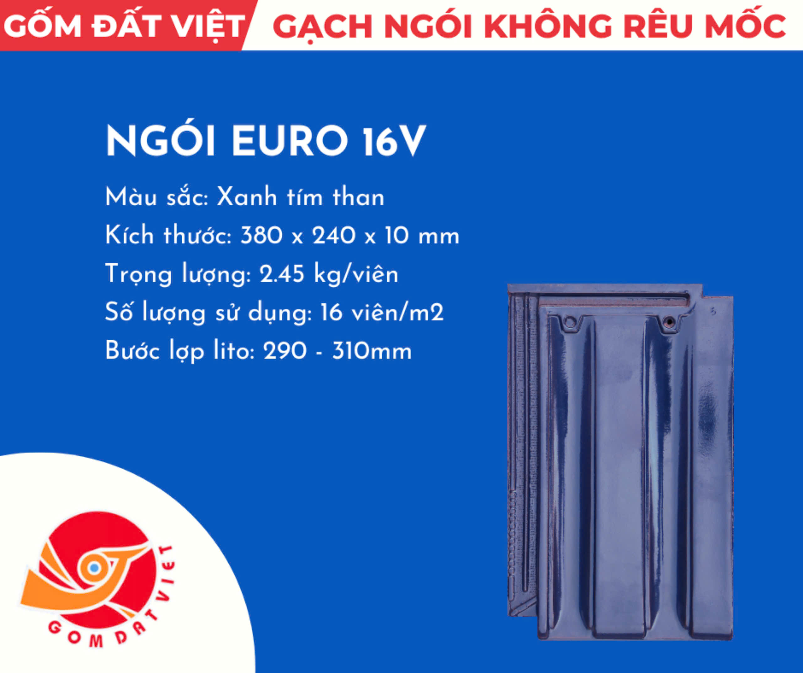 Ngói EuroTYPE Đất Việt 16viên/m2 Màu xanh tím than