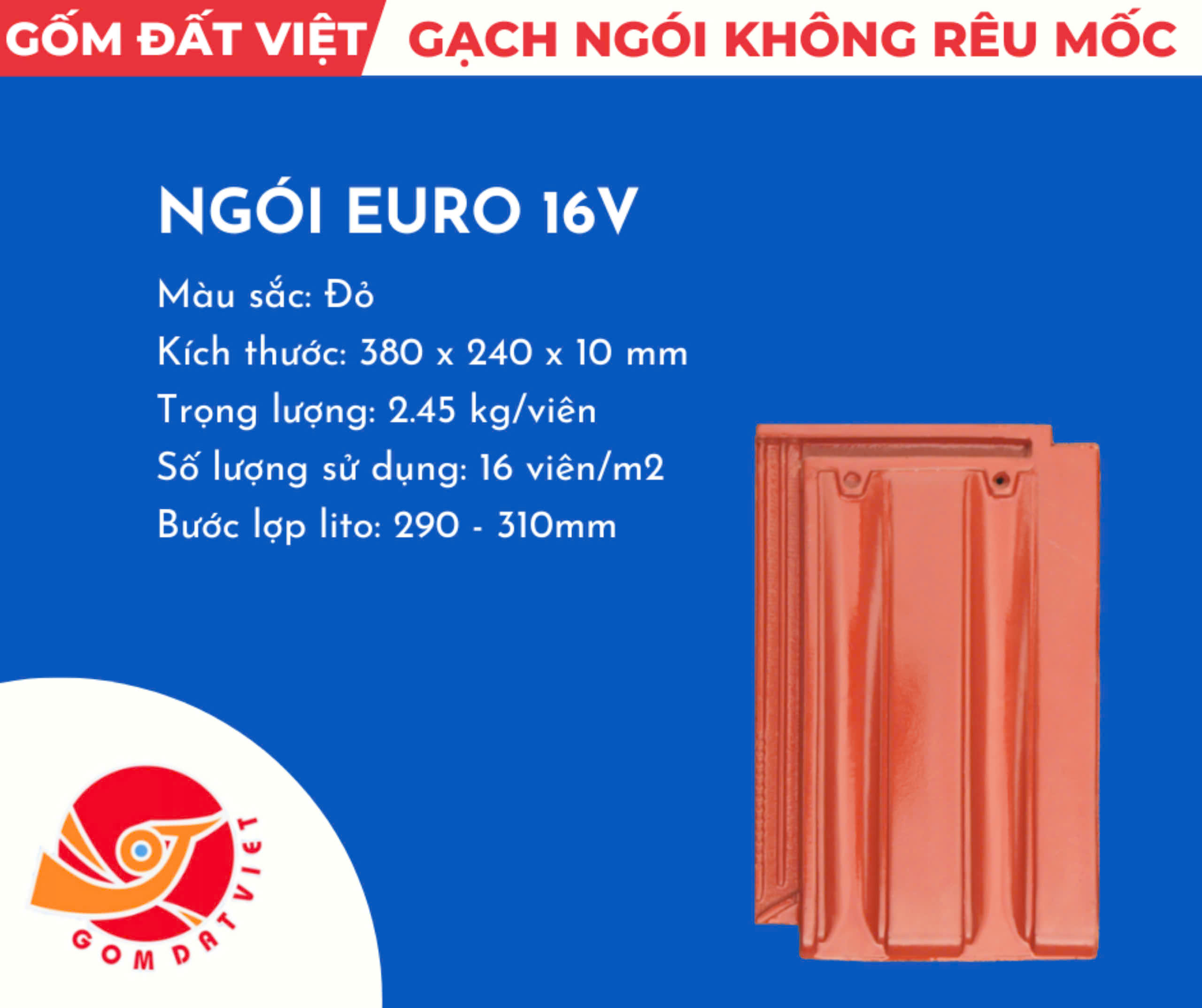 Ngói EuroTYPE Đất Việt 16viên/m2 Màu đỏ