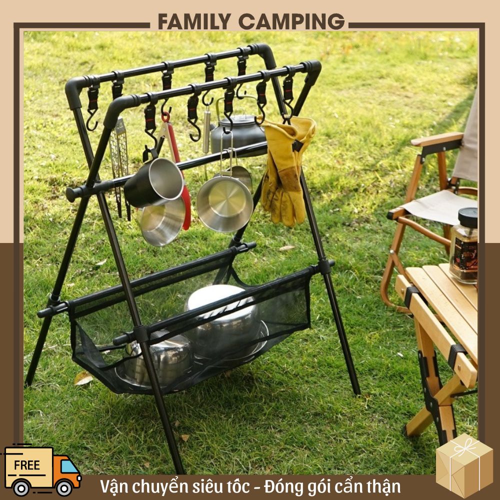 Giá treo đồ cắm trại gấp gọn tiện dụng, Giá móc đồ dã ngoại nhỏ gọn hợp kim nhôm đa năng có túi đựng