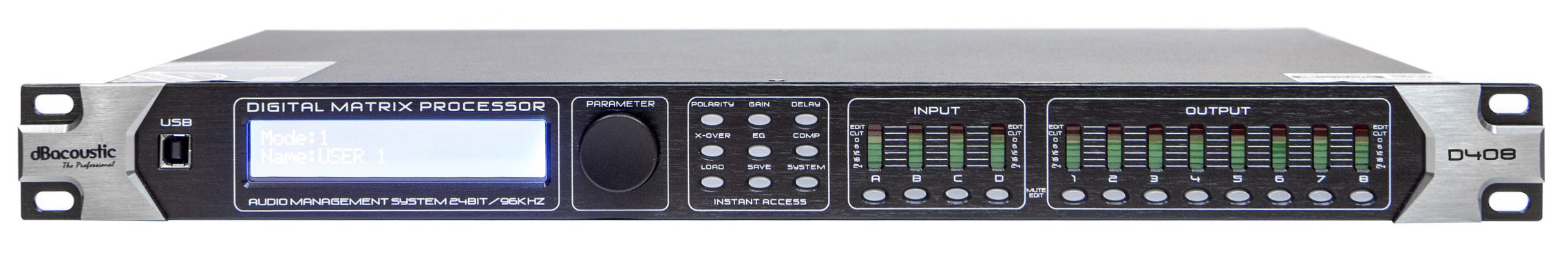 mặt trước crossover dBacoustic D408, thiết bị xử lý tín hiệu chip DSP 48 bit