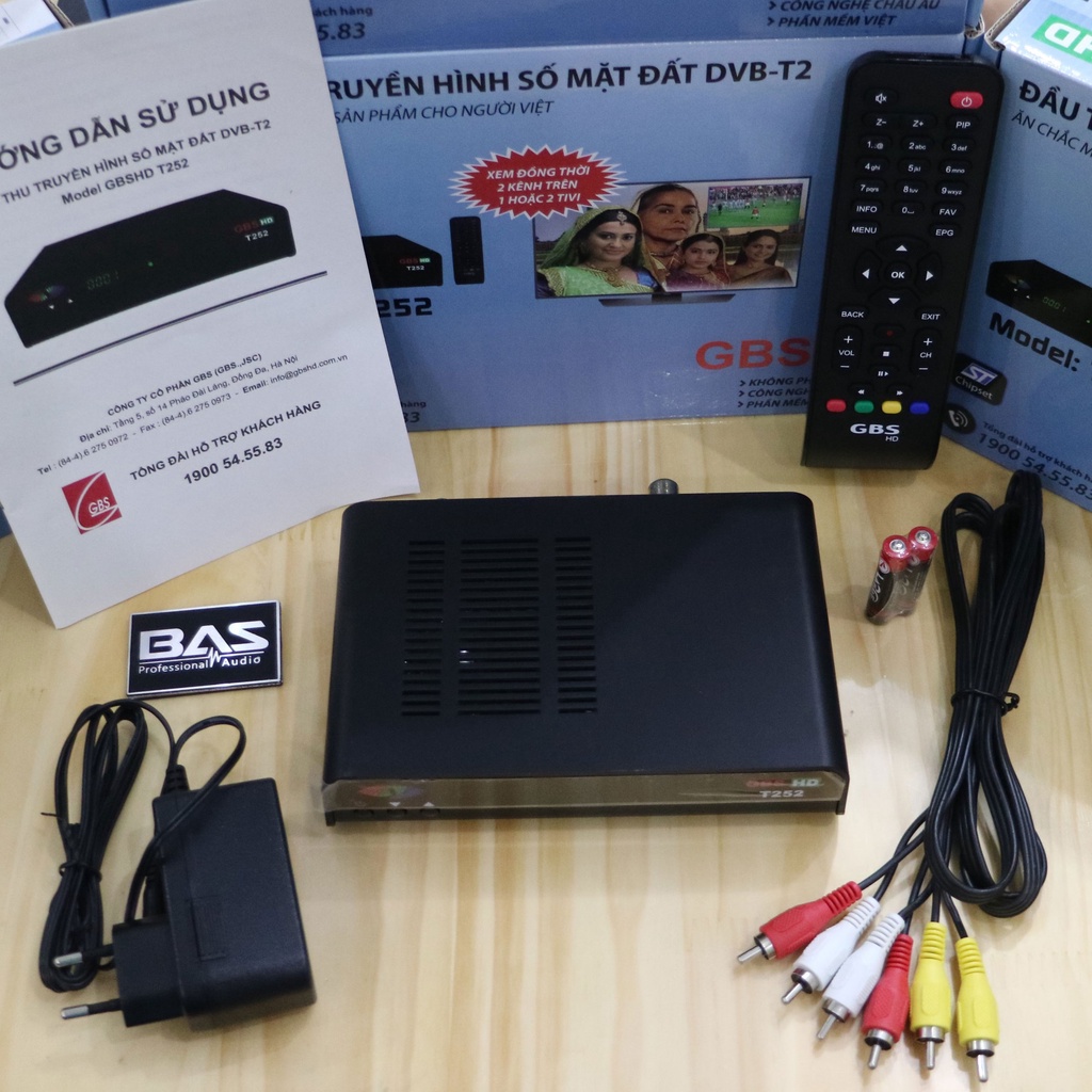 Combo đầu thu kỹ thuật số DVB T2 GBS HD T252 chia 2 tivi xem 2 kênh khác nhau cùng lúc và anten VRY dài 12m