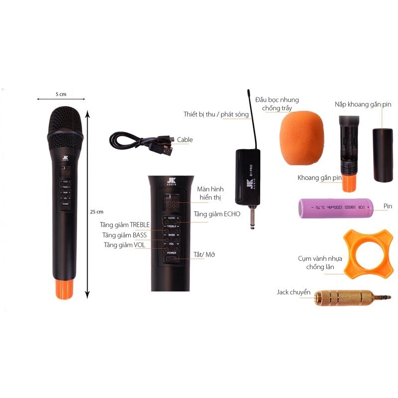 Mic JKAUDIO B1 PRO, Bộ 2 micro không dây cao cấp dành cho dàn karaoke, loa kéo, loa di động