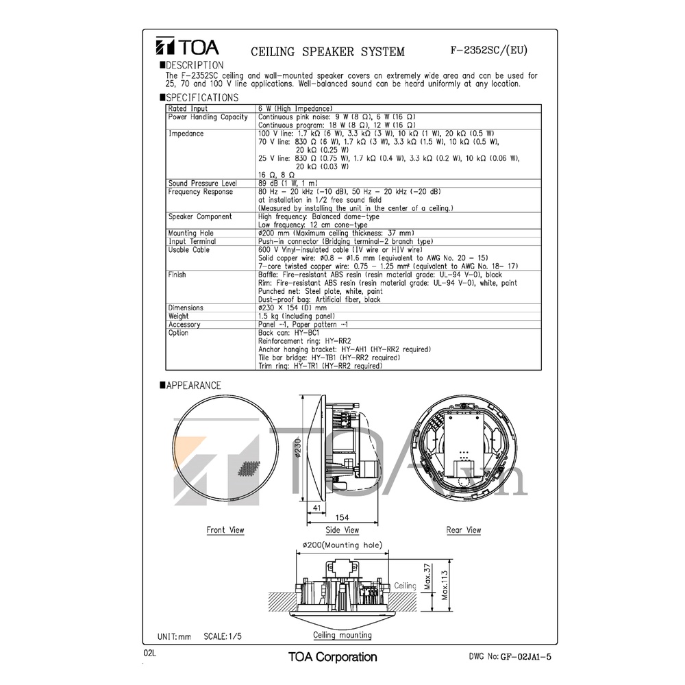 TOA F-2352C, loa âm trần tán rộng, công suất 30W, hàng chính hãng