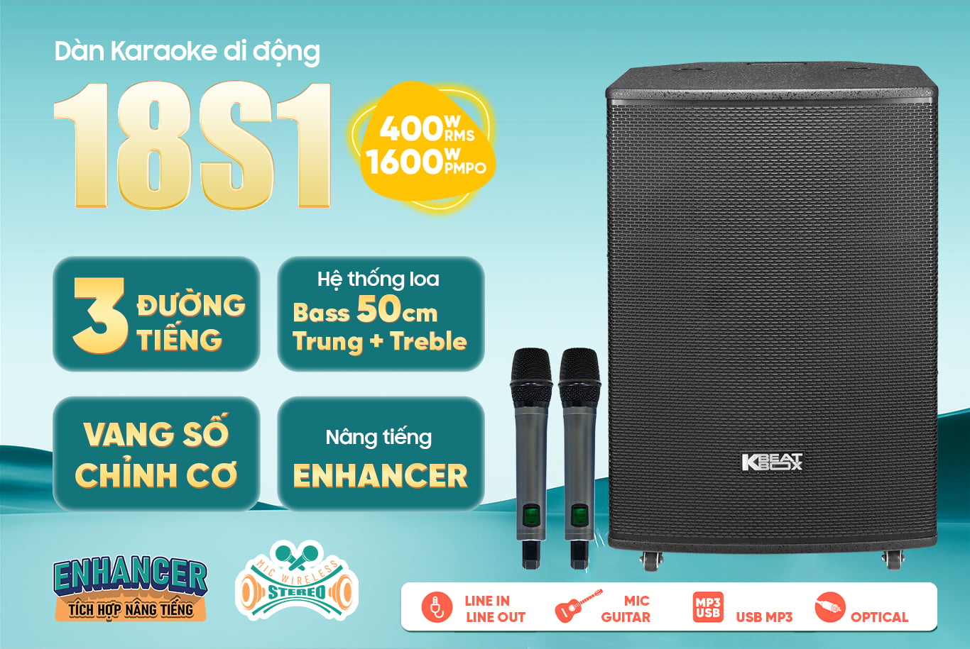 Loa karaoke di động ACNOS 18S, Công suất 400W, Bass 50, Bluetooth 5.0