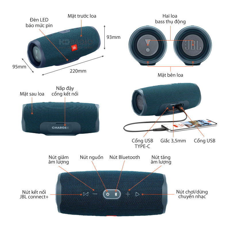 loa JBL charge 4, loa bluetooth di động chống nước kiêm sạc dự phòng cho smart phone...