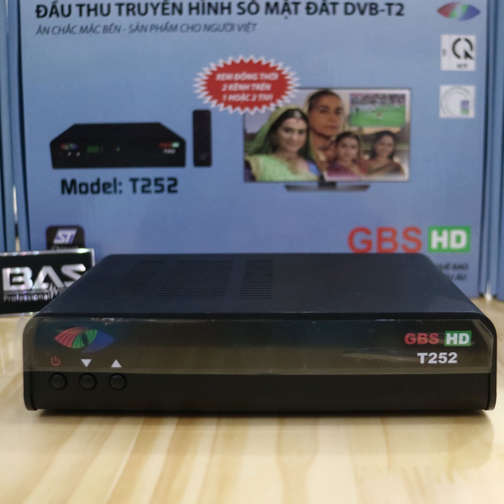 Combo đầu thu kỹ thuật số DVB T2 GBS HD T252 chia 2 tivi xem 2 kênh khác nhau cùng lúc và anten VRY dài 12m