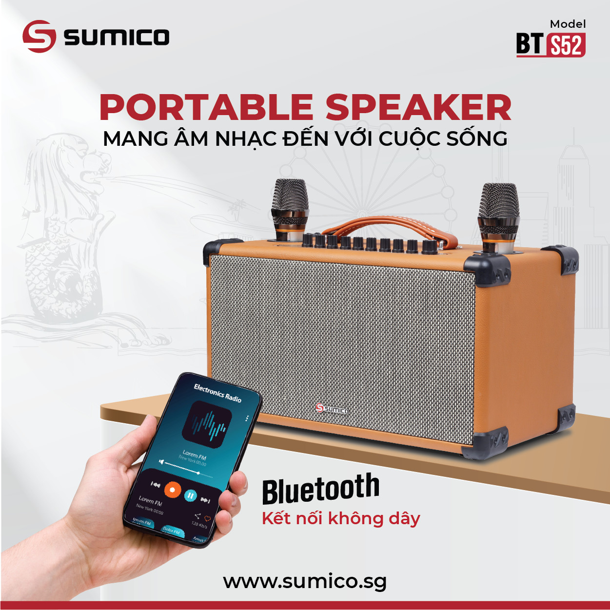 Loa di động Sumico BT S52, loa karaoke xách tay công suất 100W