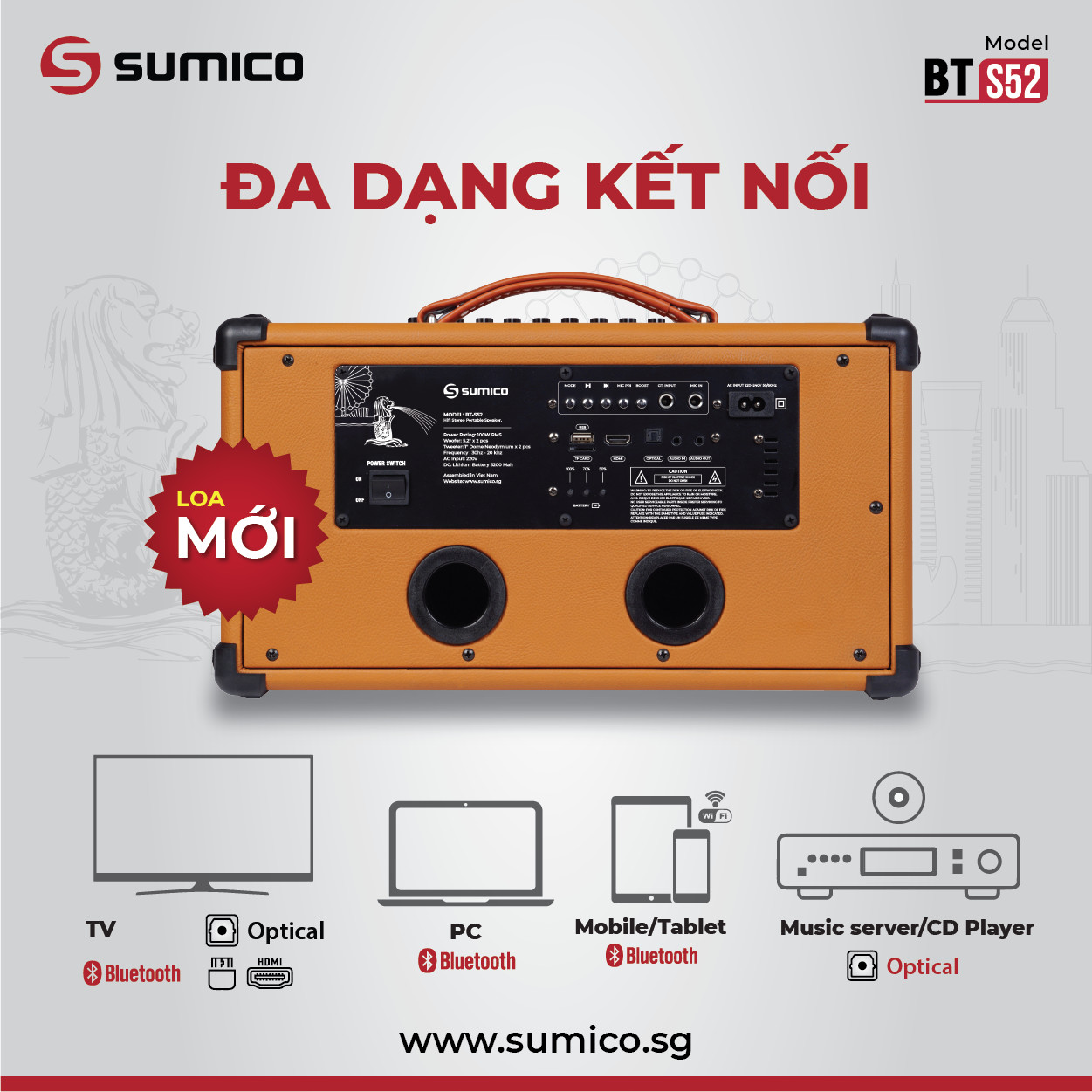 Loa di động Sumico BT S52, loa karaoke xách tay công suất 100W
