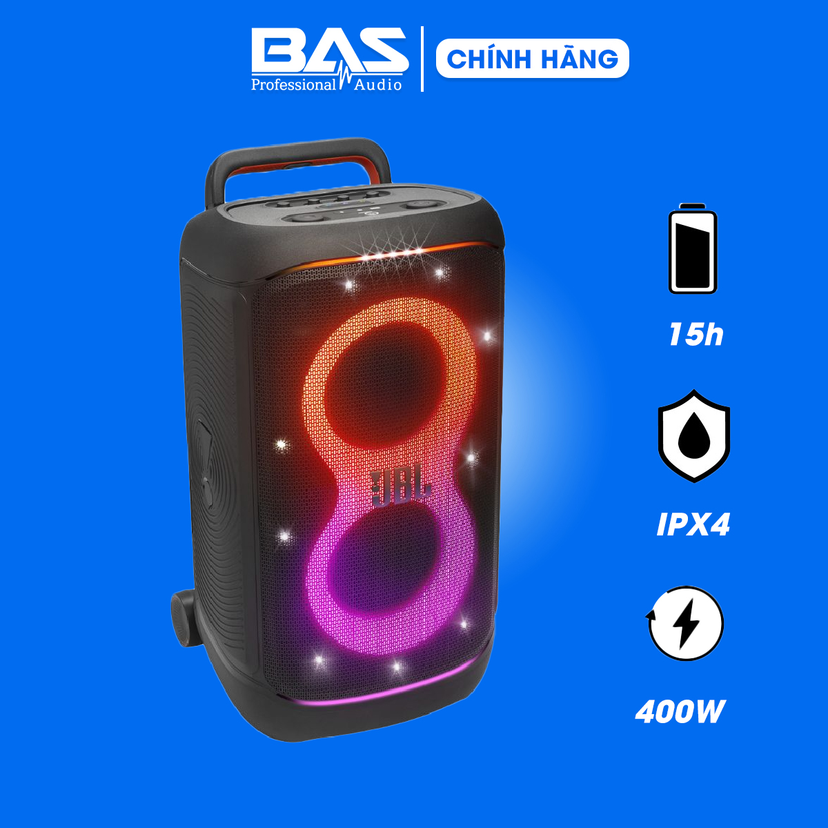 Loa JBL PartyBox 520, Công suất 400W, IPX4, Bluetooth 5.4, AI Sound Boost, Auracast, Pin 15h, 2025