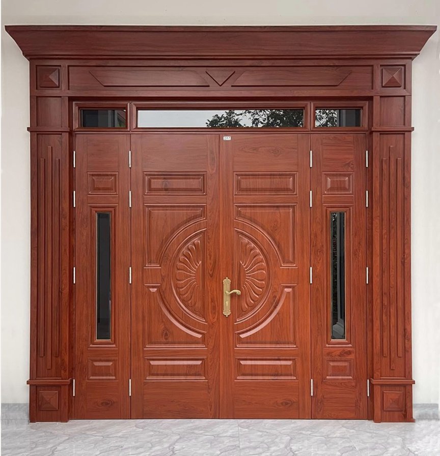 Cửa thép vân gỗ 4 cánh huỳnh hoa cúc