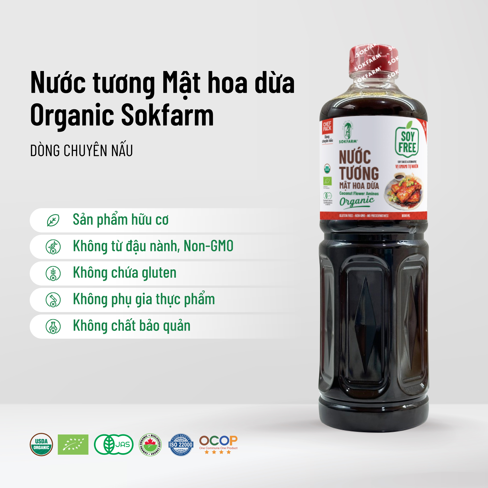 NƯỚC TƯƠNG MẬT HOA DỪA ORGANIC SOKFARM - CẮT GIẢM MUỐI, KHÔNG CHỨA ĐẬU NÀNH.
