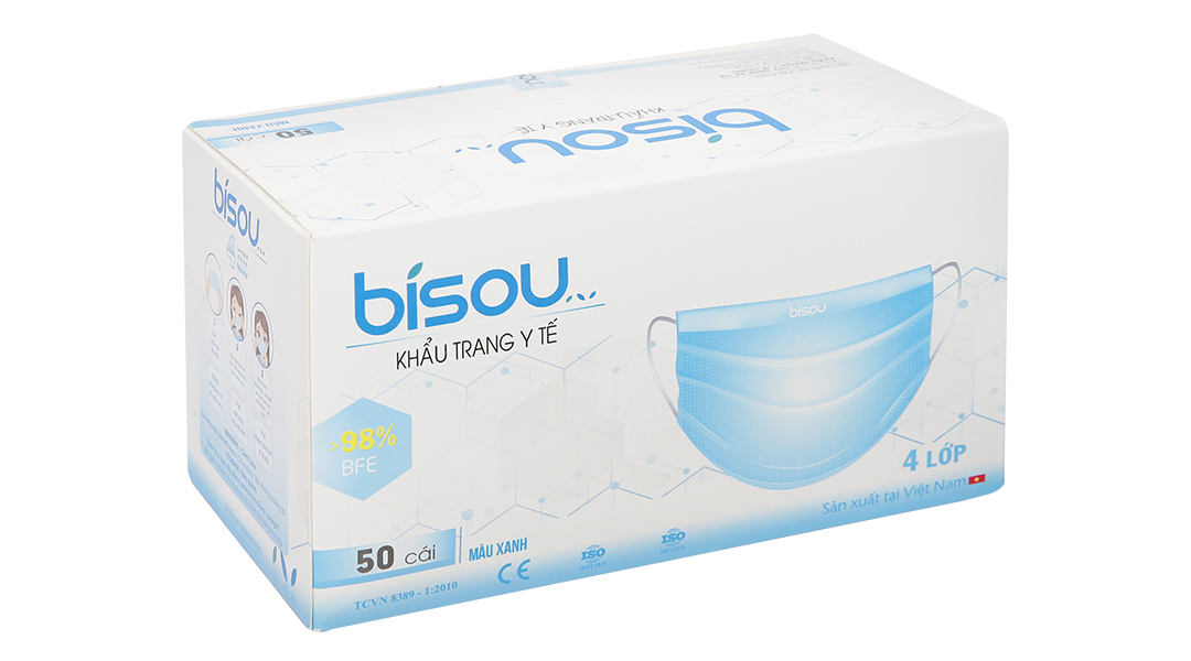 KHẨU TRANG Y TẾ  BISOU (XANH) 4 LỚP, KHÁNG KHUẨN (H/50 CÁI)