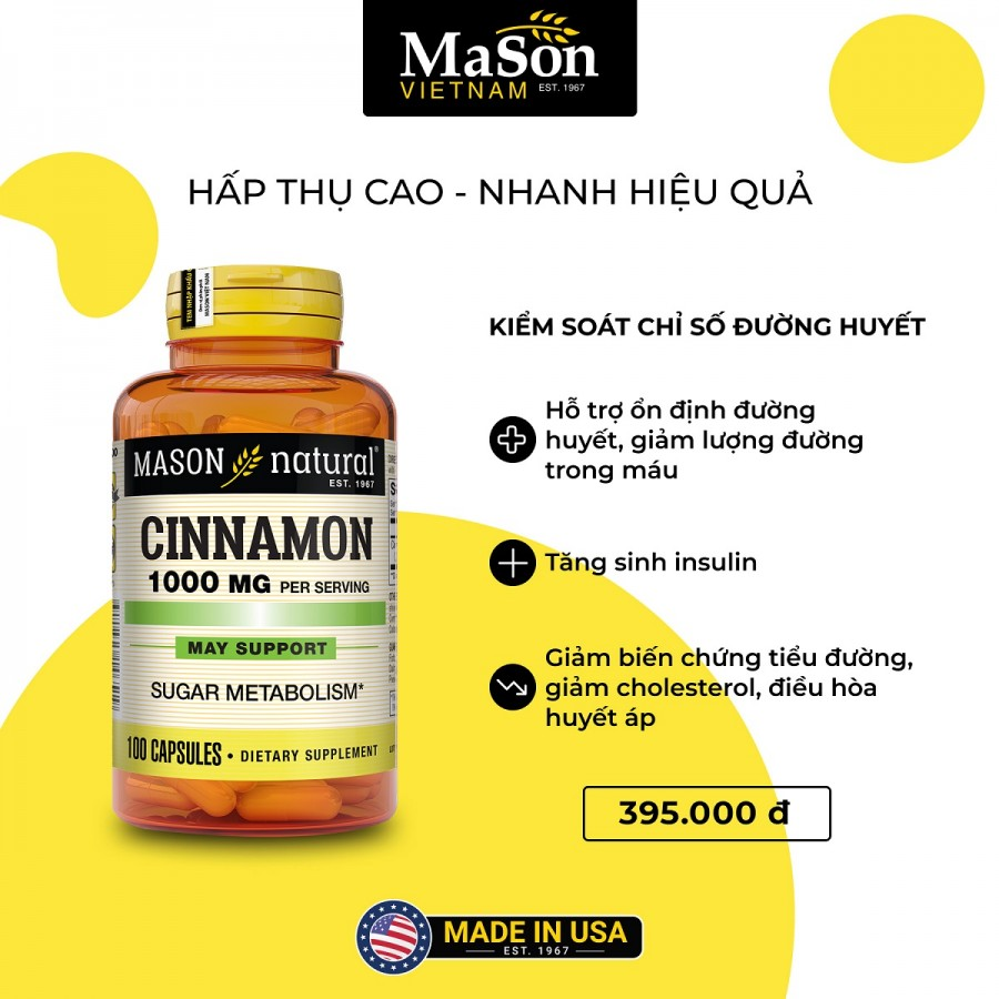 TPBVSK MASON NATURAL CINNAMON 1000MG H/100V - HỖ TRỢ KIỂM SOÁT CHỈ SỐ ĐƯỜNG HUYẾT