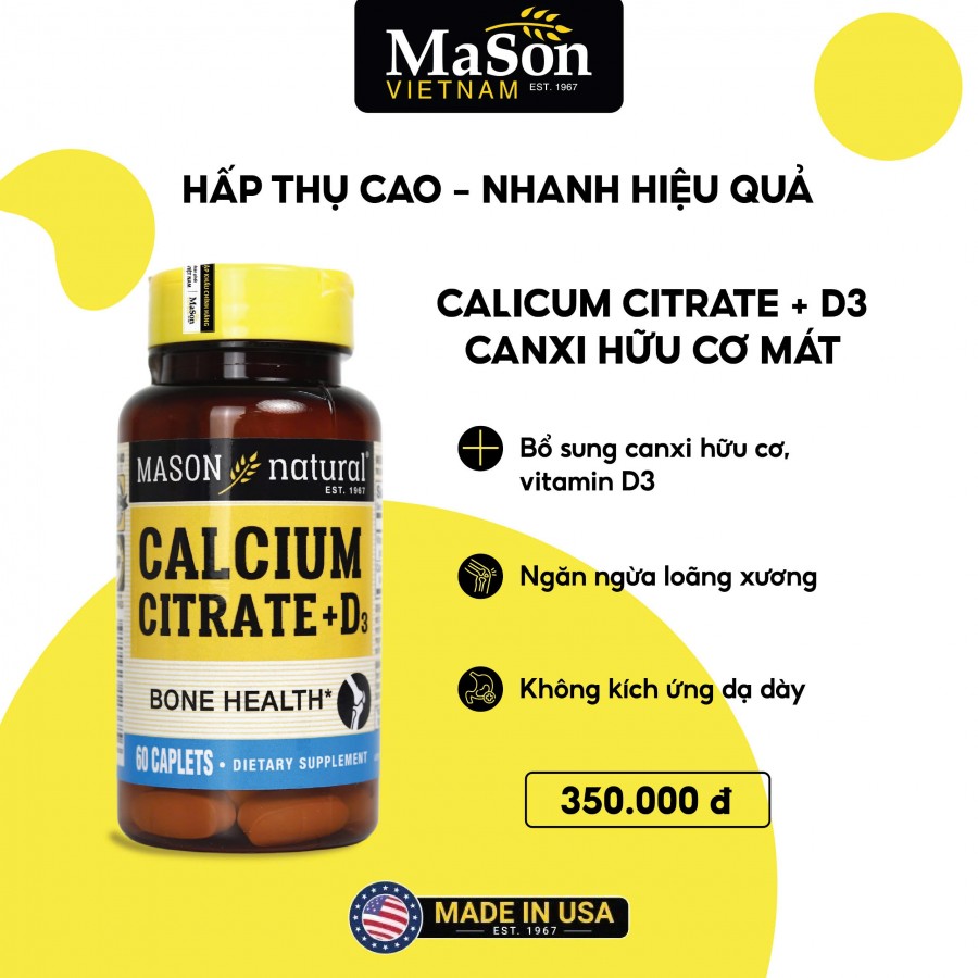TPBVSK MASON NATURAL CALCIUM CITRATE +D3 HỘP 60V - BỔ SUNG CANXI HỮU CƠ CHO CƠ THỂ